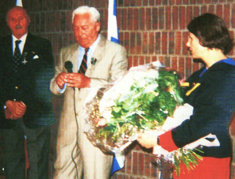 Ja-Jo delivering a speech at the Polish Consulate. Next to Ja-Jo is Edward Kemnitz to the right Consul General Małgorzata Dzieduszycka Montreal 1994